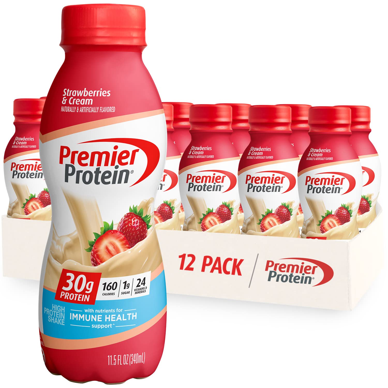 Premier Protein Liquid Protein Shake -24 Vitamins & Minerals/Nutrients to Support Immune Health, Strawberries, 11.5 Fl Oz Bottle