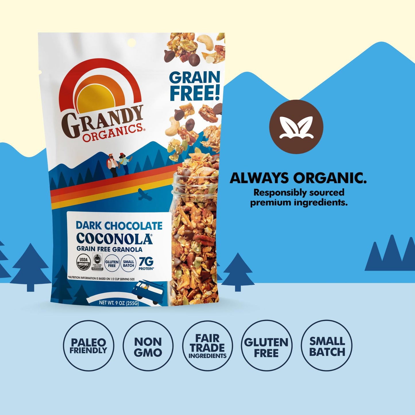 Grandy Organics Dark Chocolate Coconola Granola, Certified Organic Gluten Free Granola, Grain Free, Chocolate Flavored Coconola,