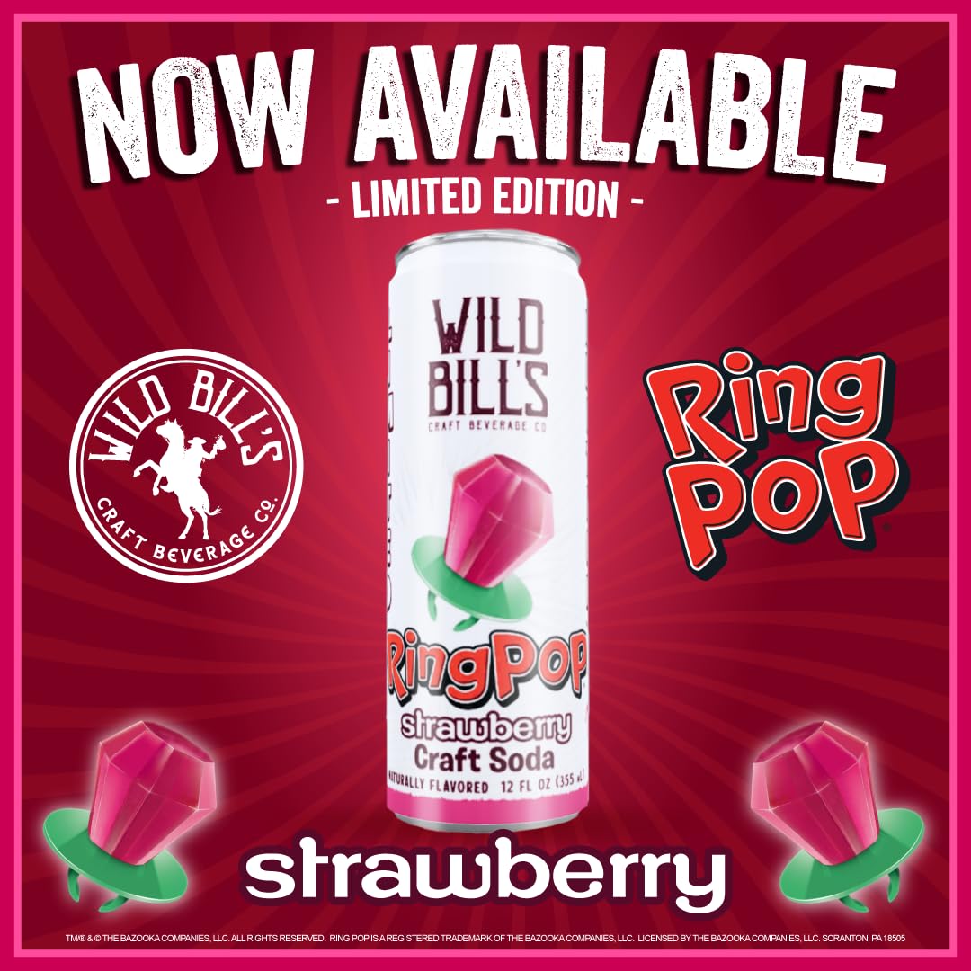 Wild Bills Strawberry Ring Pop Craft Soda – Pure Cane Sugar, Caffeine Free, Vegan – 12 Oz Cans, 12 Pack