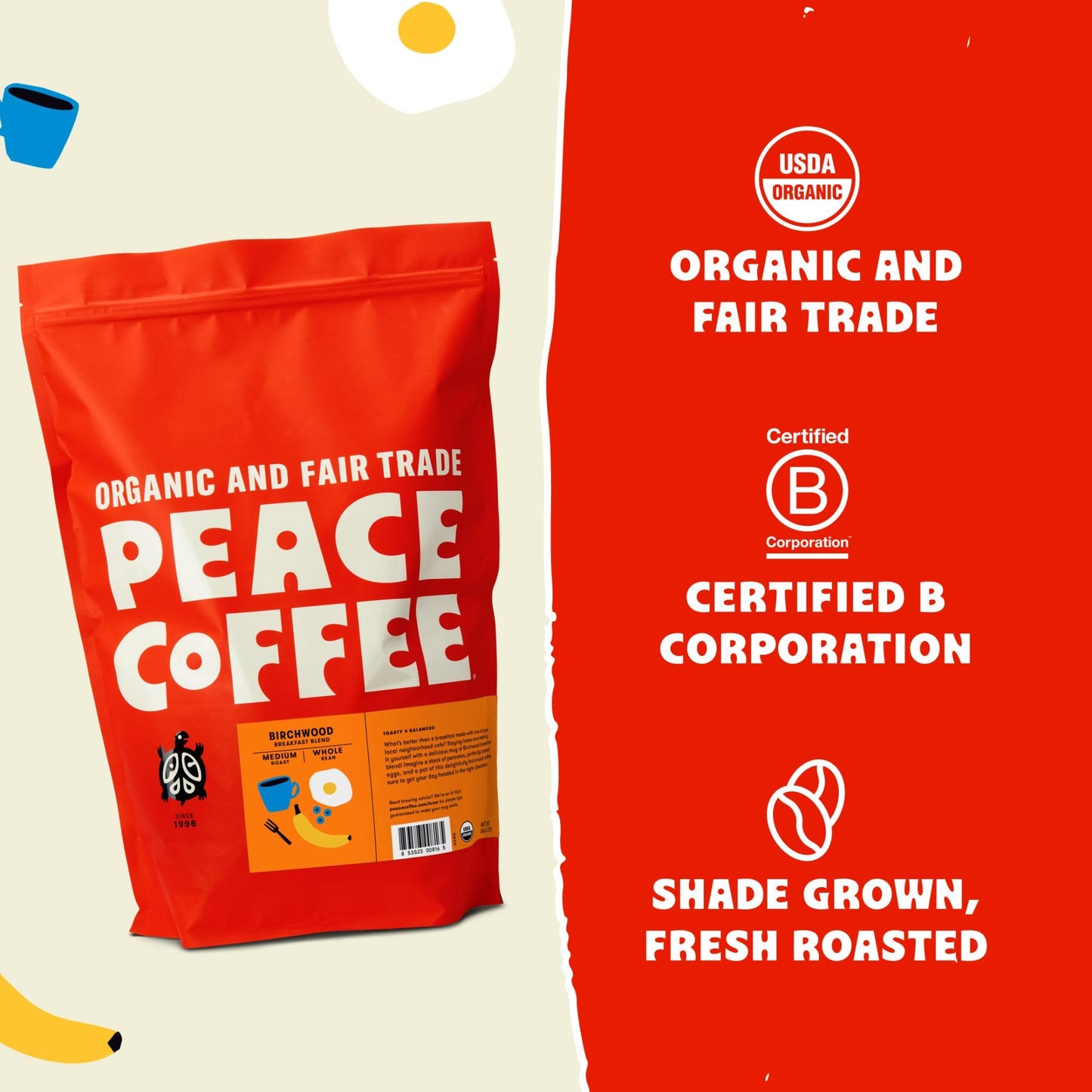 Peace Coffee Birchwood Breakfast Blend | 5 Lb Ground Medium Roast | Organic Fair Trade | Smooth, Mild Flavor | Shade Grown, Fres