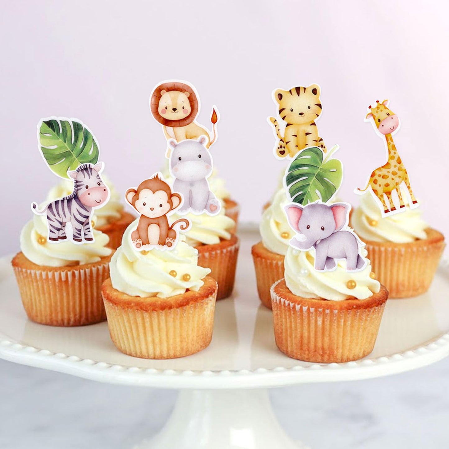 40Pcs Edible Animal Cupcake Toppers Edible Wafer Paper Flower Cupcake Picks Baby Shower Baby Girl Boy Birthday Party Drink Toppe