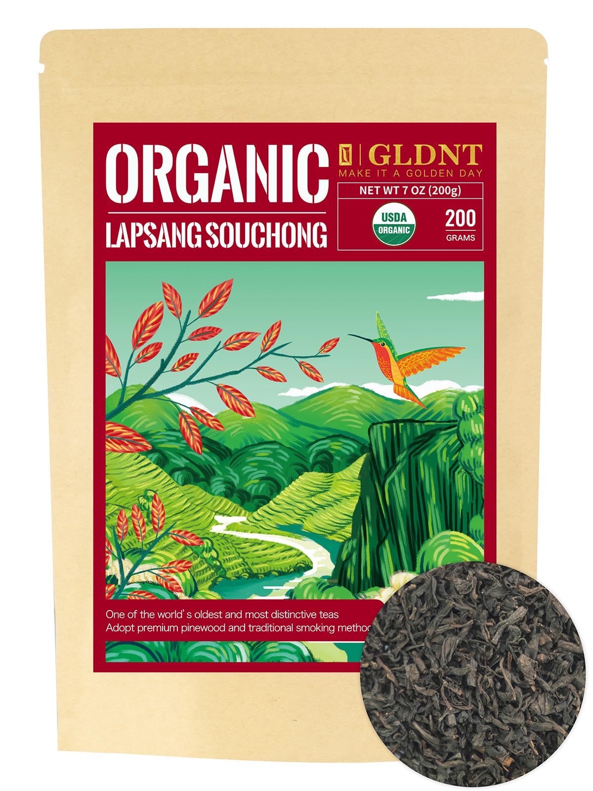 Gldnt Organic Lapsang Souchong Tea  Chinese Rich Flavor Organic Black Tea Loose Leaf  Smoky Taste  Caffeinated  7Oz/200G
