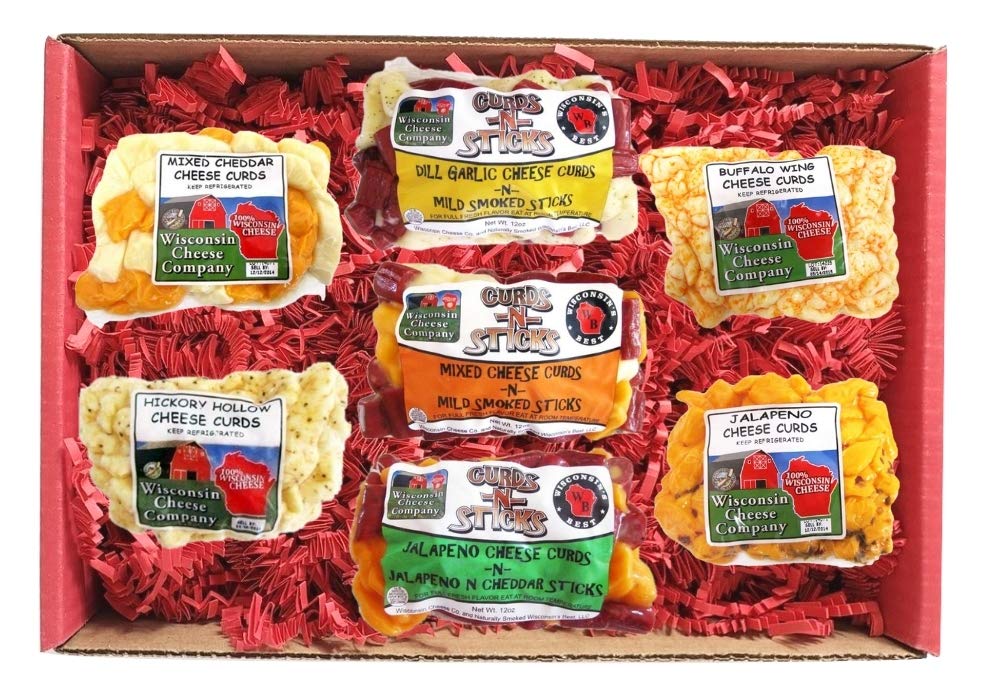 Wisconsin Cheese Company Cheese Curd & Meat Sticks Gift Box - Large 7-Pack - Perfect for Parties and Holiday Gifts