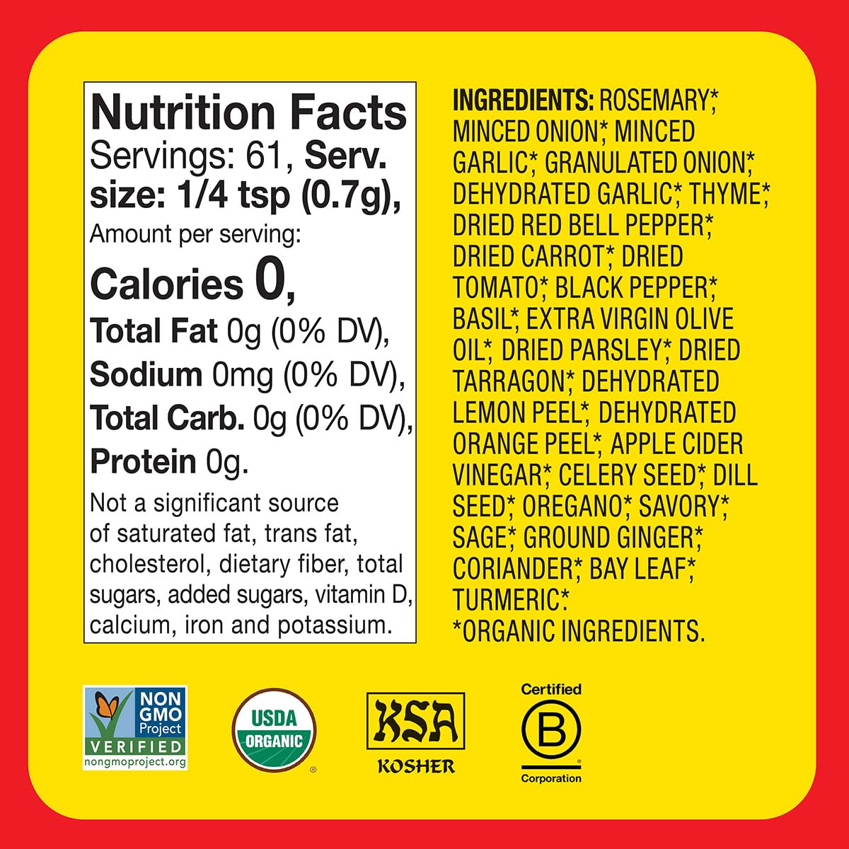 Bragg Organic Sprinkle Seasoning with 24 Herbs and Spices - 1.5 oz - Salt-Free Seasoning Blend - Perfect for Vegetables, Meats,