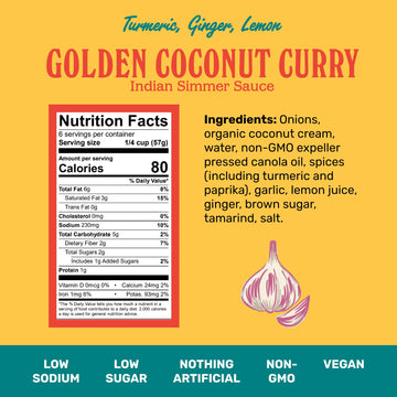 Brooklyn Delhi Golden Coconut Curry - Indian Simmer Sauce with Turmeric, Ginger, Lemon, & Coriander - 12 Ounces - Mild Enough fo