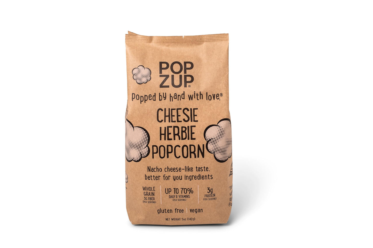 Popzup Popcorn Two Bags - Popped & Seasoned By Hand With Pure And Simple Ingredients, Gluten Free And Non-Gmo (Cheesie Herbie)