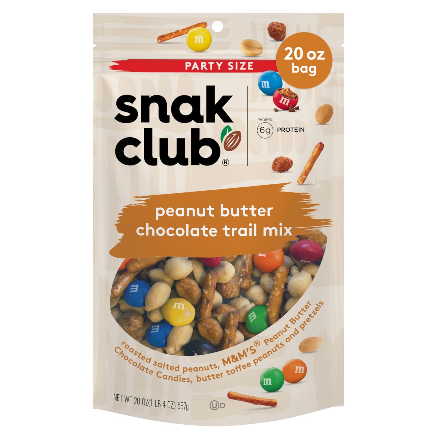 Snak Club Peanut Butter Chocolate Trail Mix with Peanuts, Peanut Butter M&MS, Toffee Peanuts, and Pretzels, 20 oz Resealable Bag