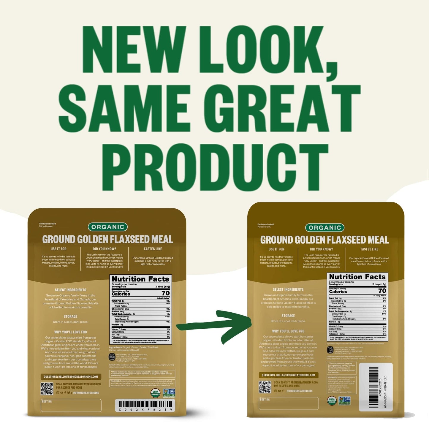 FGO Organic Ground Golden Flaxseed Meal, Cold Milled, 16oz Resealable Bag, Grown in USA