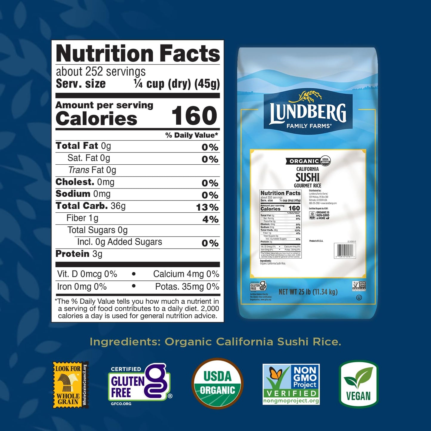 Lundberg Family Farms Organic Sushi Short Grain White Rice - Single Bulk Item - 25Lb