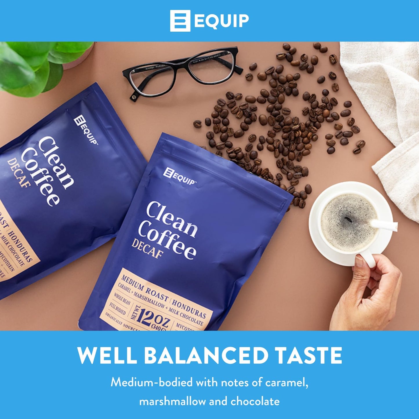 Equip Foods Decaf Clean Coffee | Gold Standard, Certified Organic, Fair Trade, Regenerative | Medium Roast, Whole Bean, Honduras