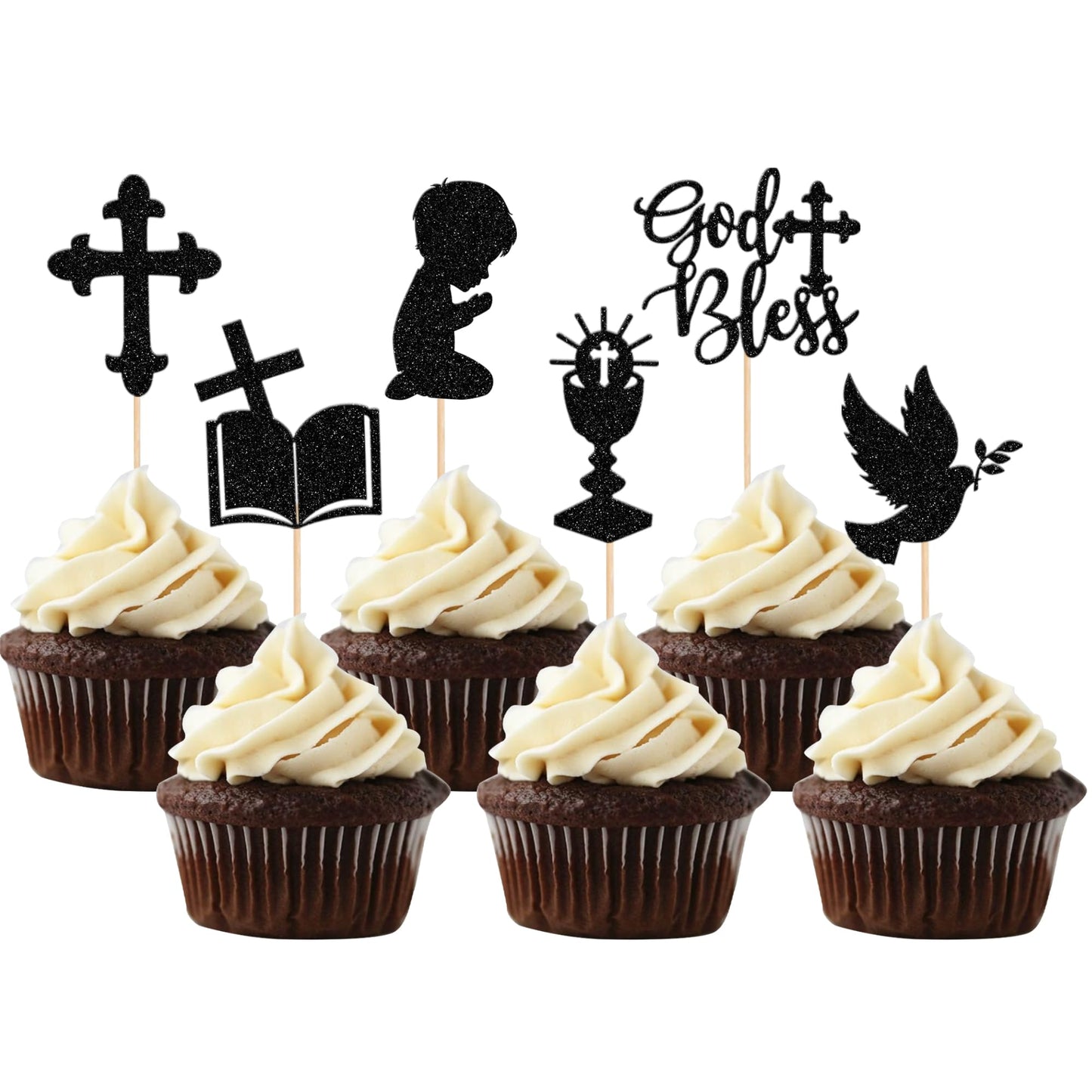 ZHUOWEISM 24 PCS Cupcake Toppers Glitter Dove Cross Boy Baptism Party Decorations Small Black Bamboo