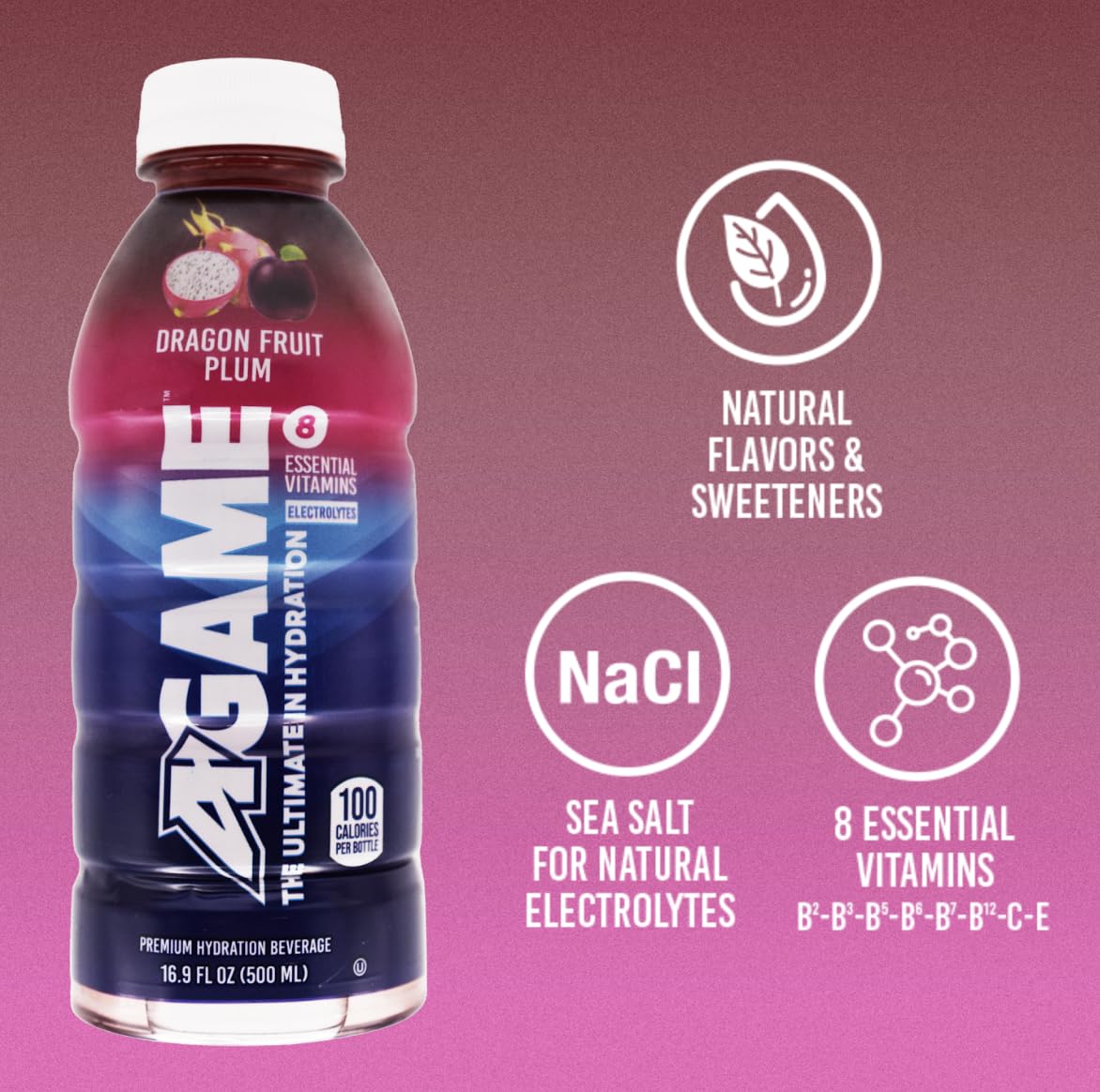 A-GAME Sports Drink, Dragon Fruit Plum, The Ultimate Hydration Sports Beverage for Athletes, 8 Essential Vitamins including B, C