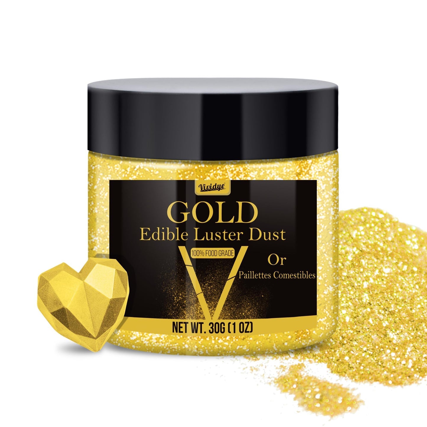 Vividye Edible Glitter Powder - 30g Gold Luster Dust for Drinks, Foods, Cake Decoration