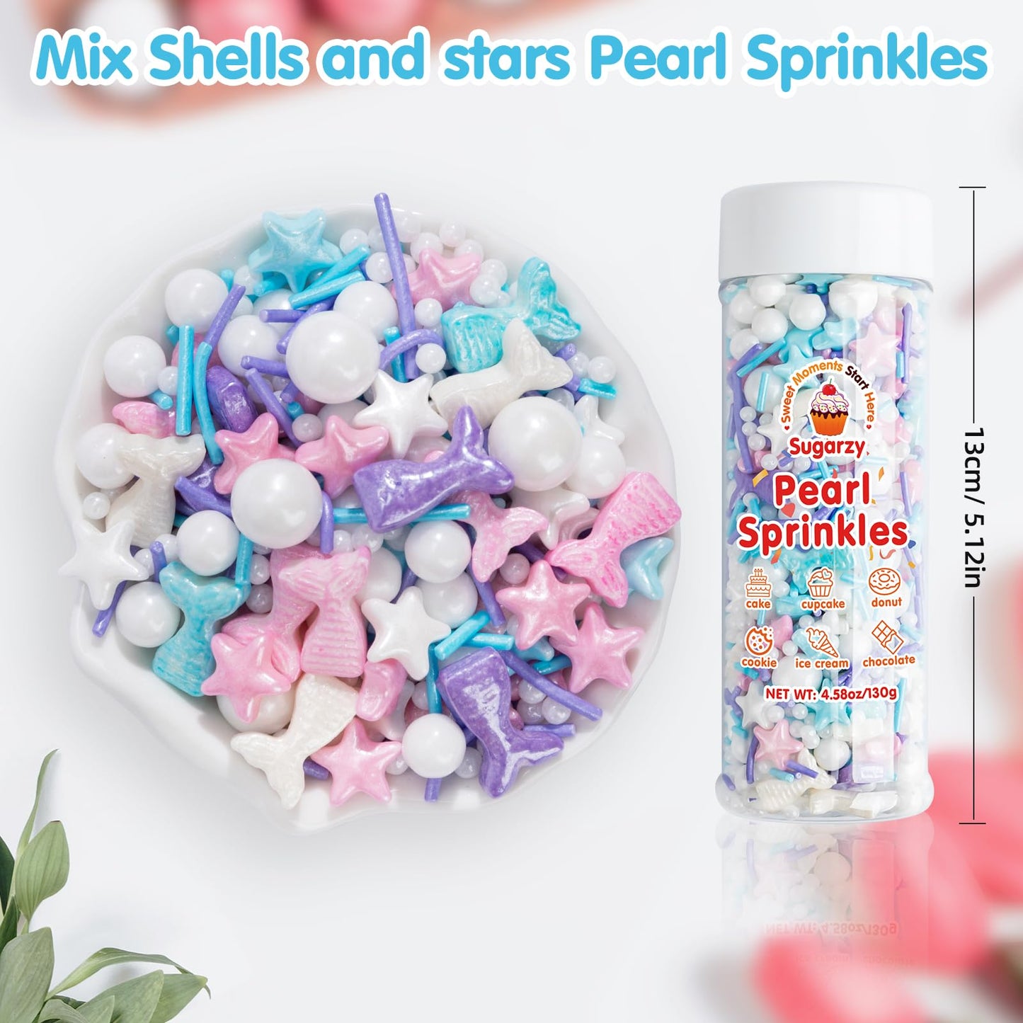 Mermaid Sprinkles,Edible Sugar Pearl Stars Jimmies Mix 130g/4.58oz,Pearl Candy Ocean Sprinkles,Summer Baking Cake Fun Decoration