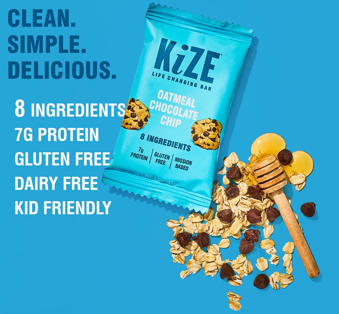 KiZE Energy Bars - Oatmeal Chocolate Chip - Gluten Free, Dairy Free, High Protein - 10 Count