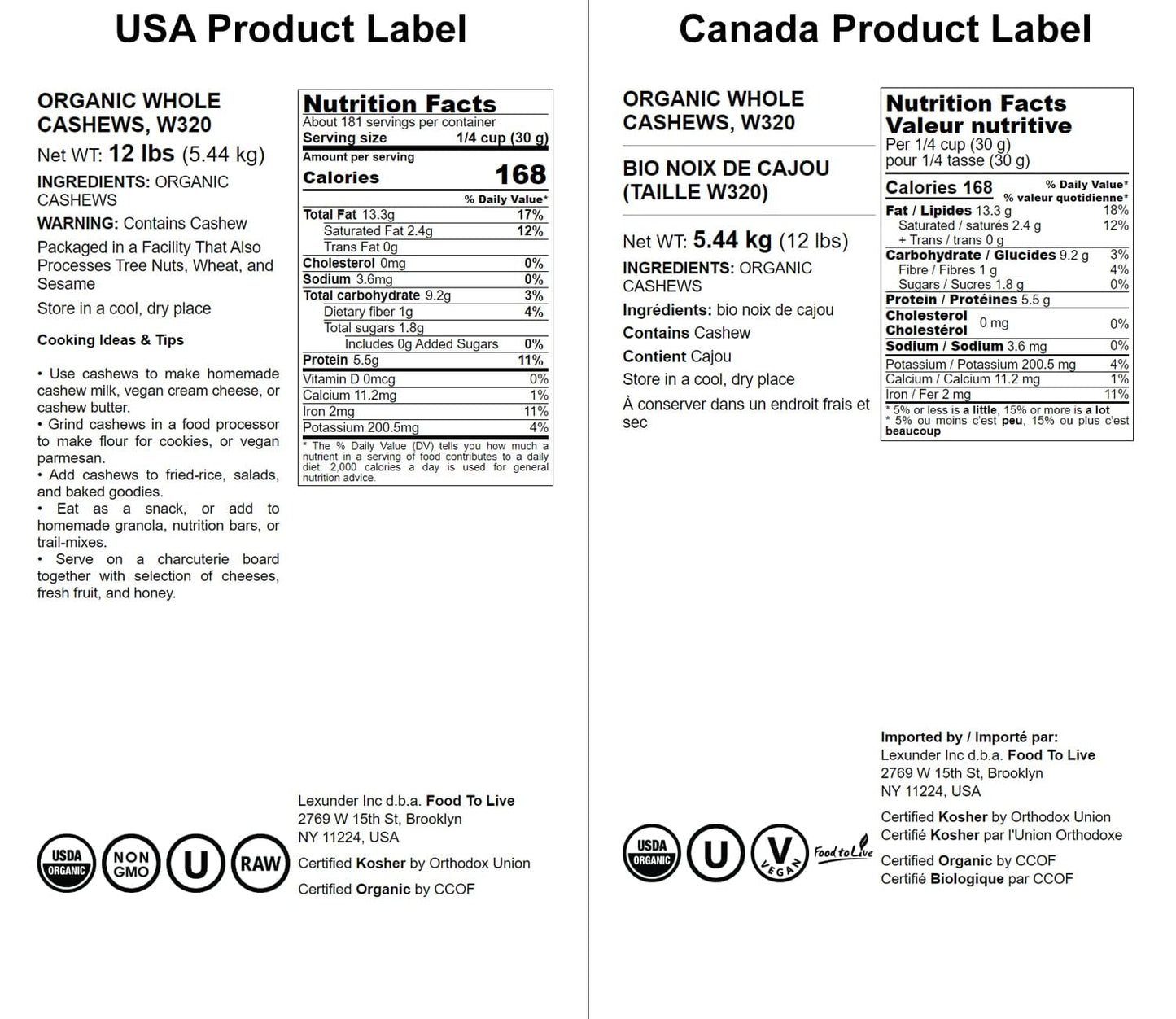 Food To Live - Organic Cashews, 12 Pounds Whole, Unsalted, Non-Gmo, Kosher, Raw, Vegan, Bulk