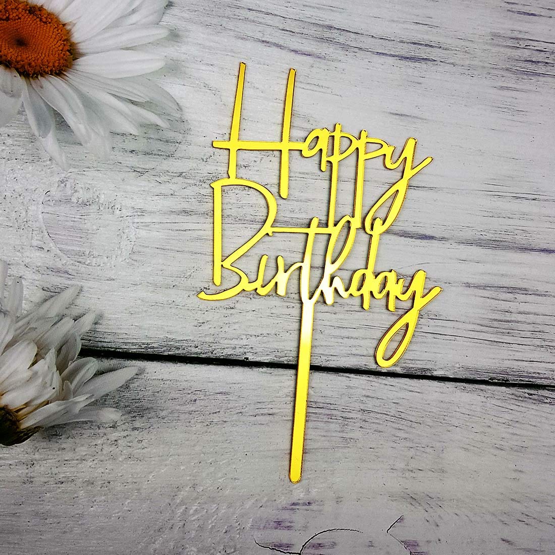 JIEEIN Happy Birthday Cake Topper - Mirror Gold Acrylic, Model NJ-0056
