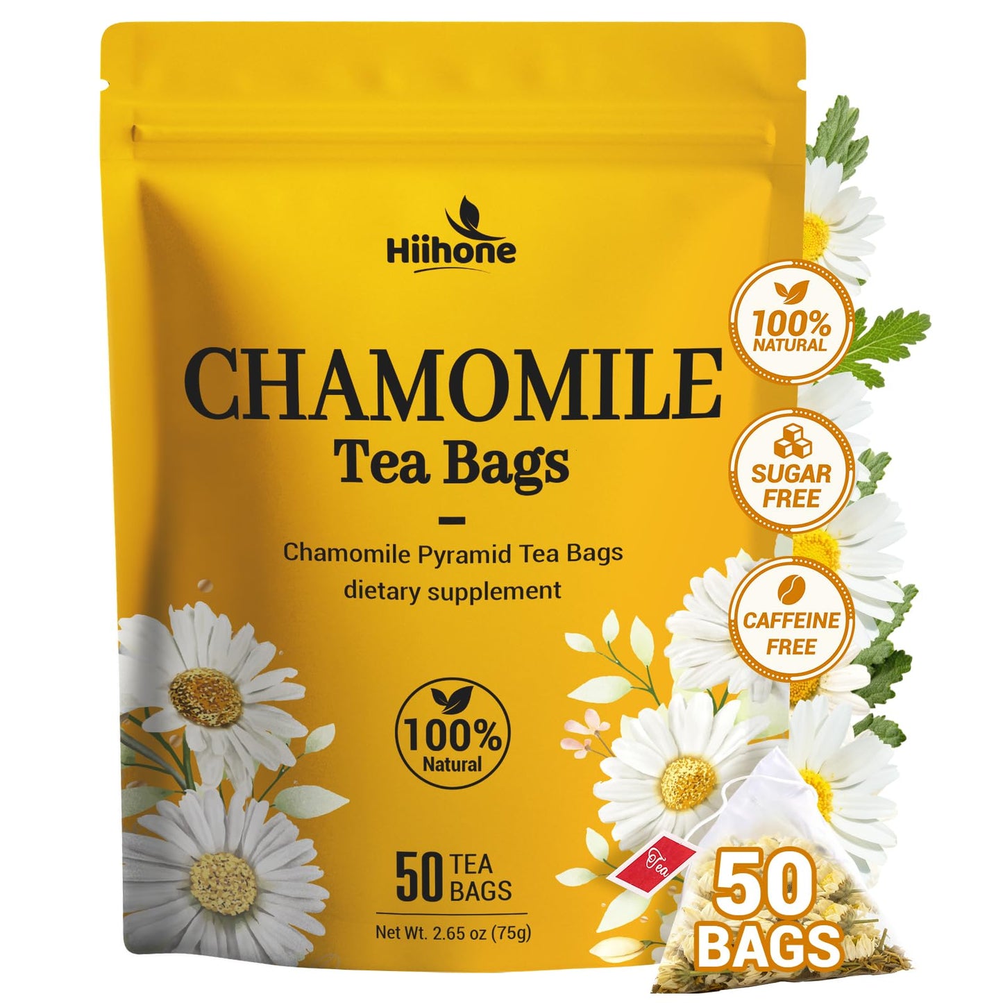 Chamomile Tea Bags  Chamomile Flower Herbal Tea - Sugar-Free  Caffeine-Free  50 Teabags