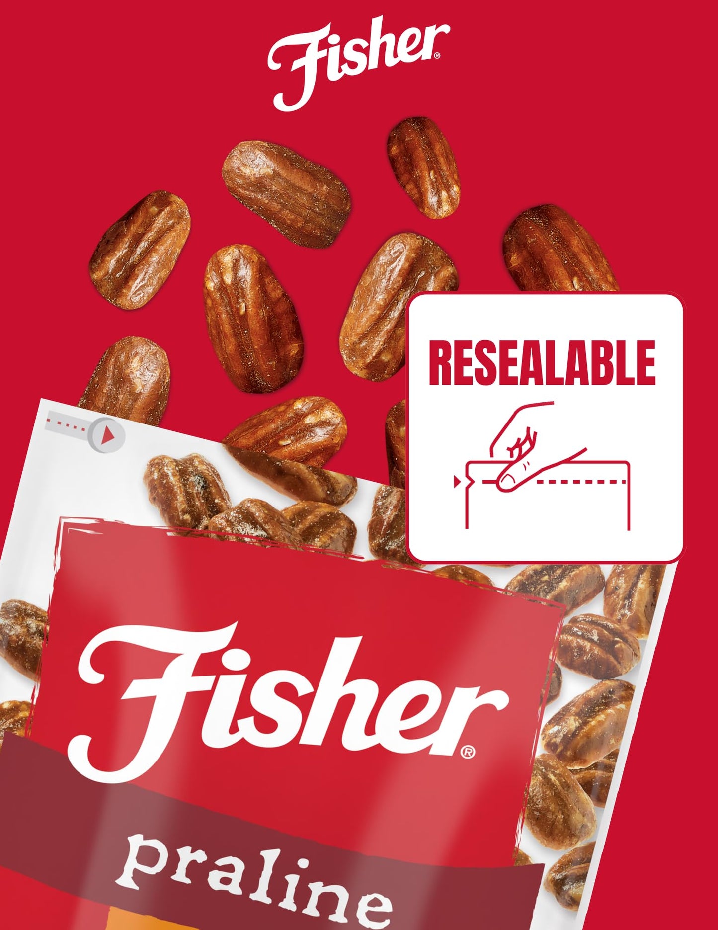 Fisher Praline Pecans, Resealable Pouch, 5.5 Ounces, Whole M th Pecans, Model P27108