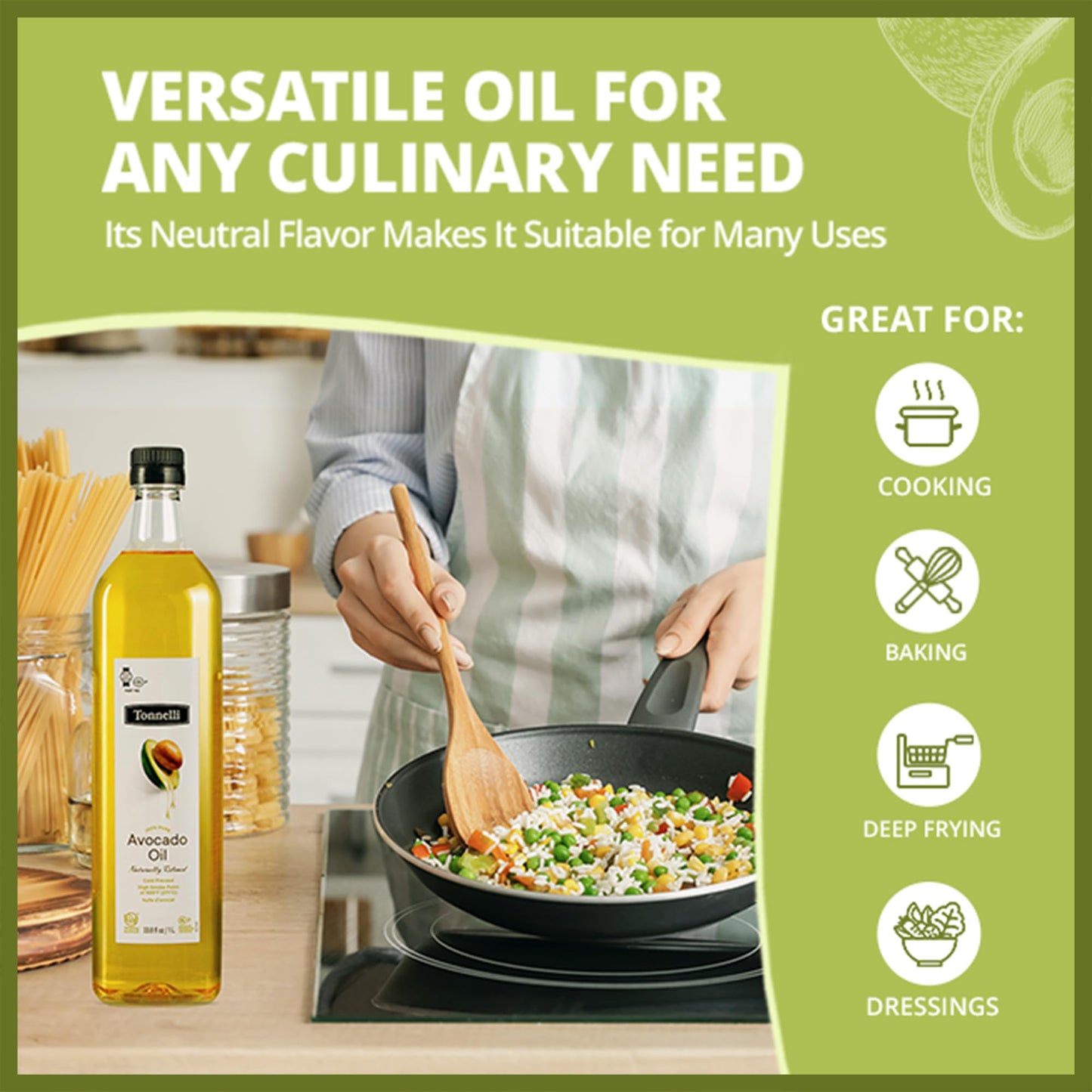 Tonnelli Premium Cold Pressed Naturally Refined Avocado Oil, 1 Liter | High Smoke Point 520F | Product Of Spain Certified Kosher