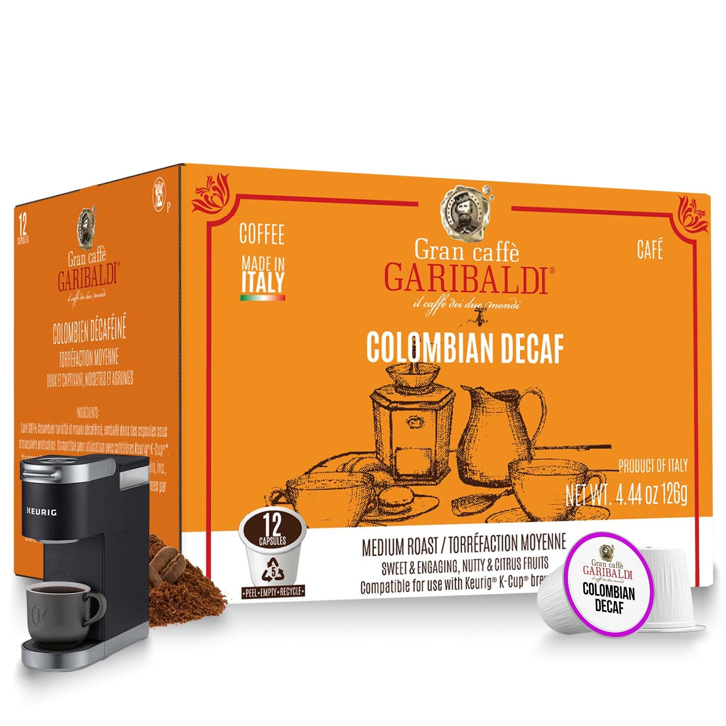 Caffè Garibaldi Colombian Decaf Coffee Pods, Medium Roast, 12 Count Recyclable Capsules for Keurig K-Cup Brewers