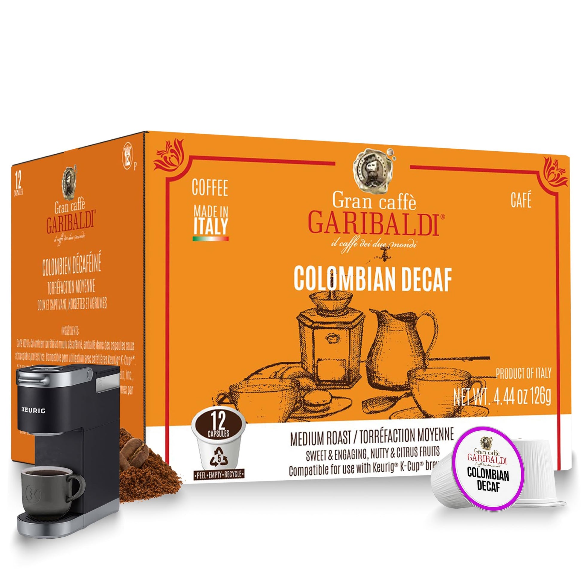 Caffè Garibaldi Colombian Decaf Coffee Pods, Medium Roast, 12 Count Recyclable Capsules for Keurig K-Cup Brewers