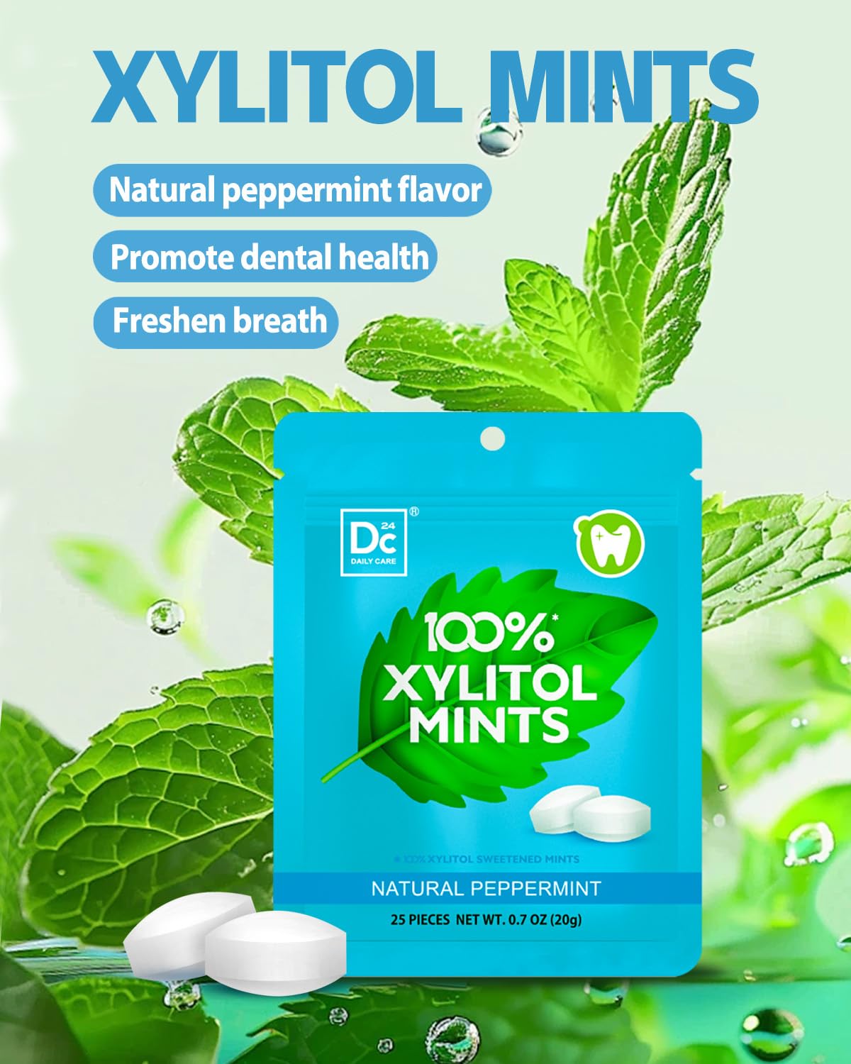 DC24 DAILY CARE Xylitol Mints - Sugar Free, Vegan, Gluten Free, Peppermint Flavor, 25 Pieces per Pack, 4 Packs