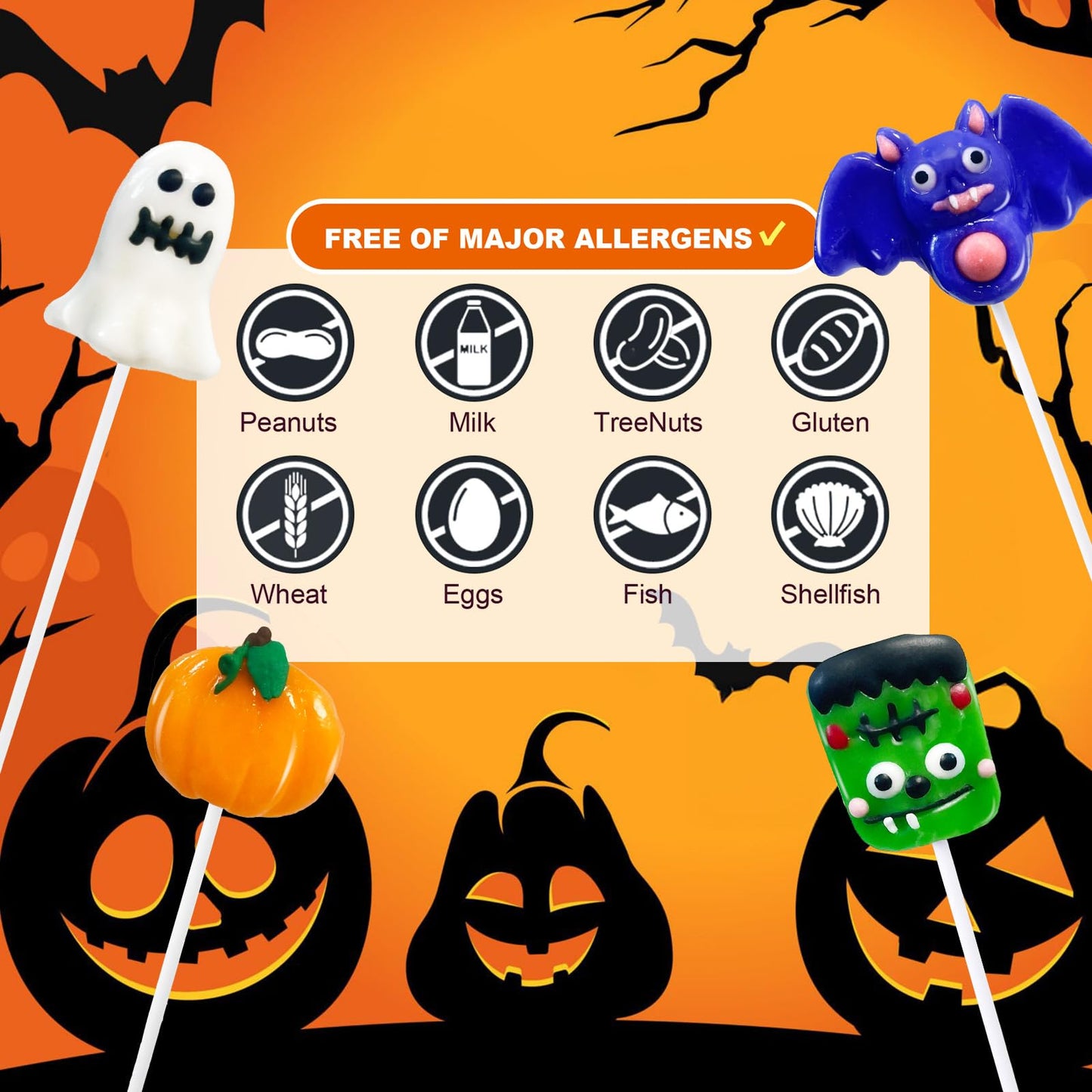 EORA Halloween Lollipop Suckers Candy, 32 Count, Multi, Individually Wrapped, Pumpkin, Green Monster, Bat Candies for Trick or Treat