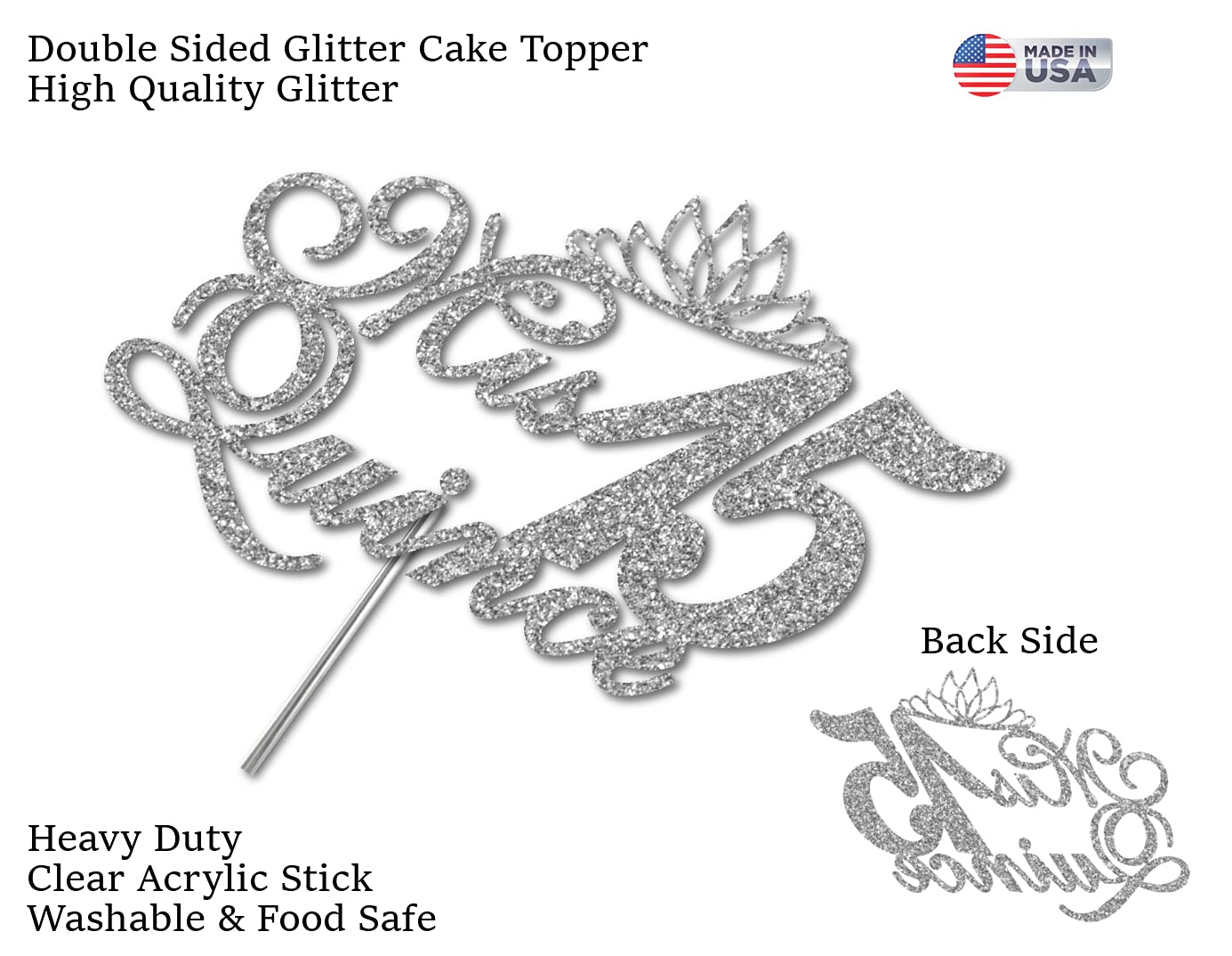 RokAPary Quinceanera Glitter Cake Topper, Acrylic, Double-Sided, Silver, Model RCT171