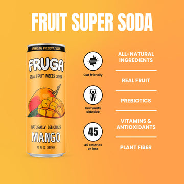 FRUGA Mango Prebiotic Sparkling Soda Drink | Low Calorie, 12 Fl Oz (Pack of 12)