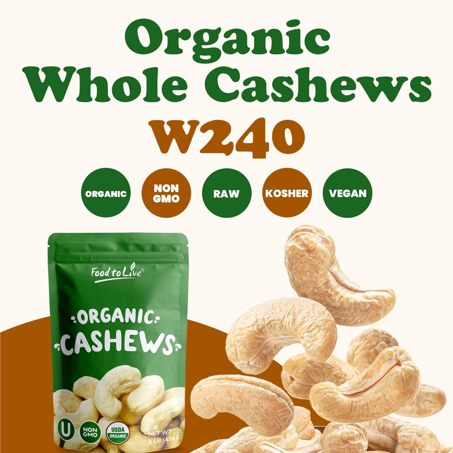 Food to Live Organic Cashews, 8 Pounds - Whole, Size W-240, Unsalted, Non-GMO, Kosher, Raw, Vegan, Bulk