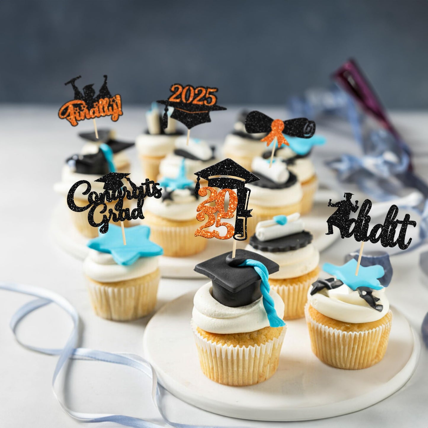 Gyufise 24Pcs 2025 Graduation Cupcake Toppers Orange Glitter Congrats Class Of 2025 Finally I Did It Diploma Grad Cap Cupcake Pi