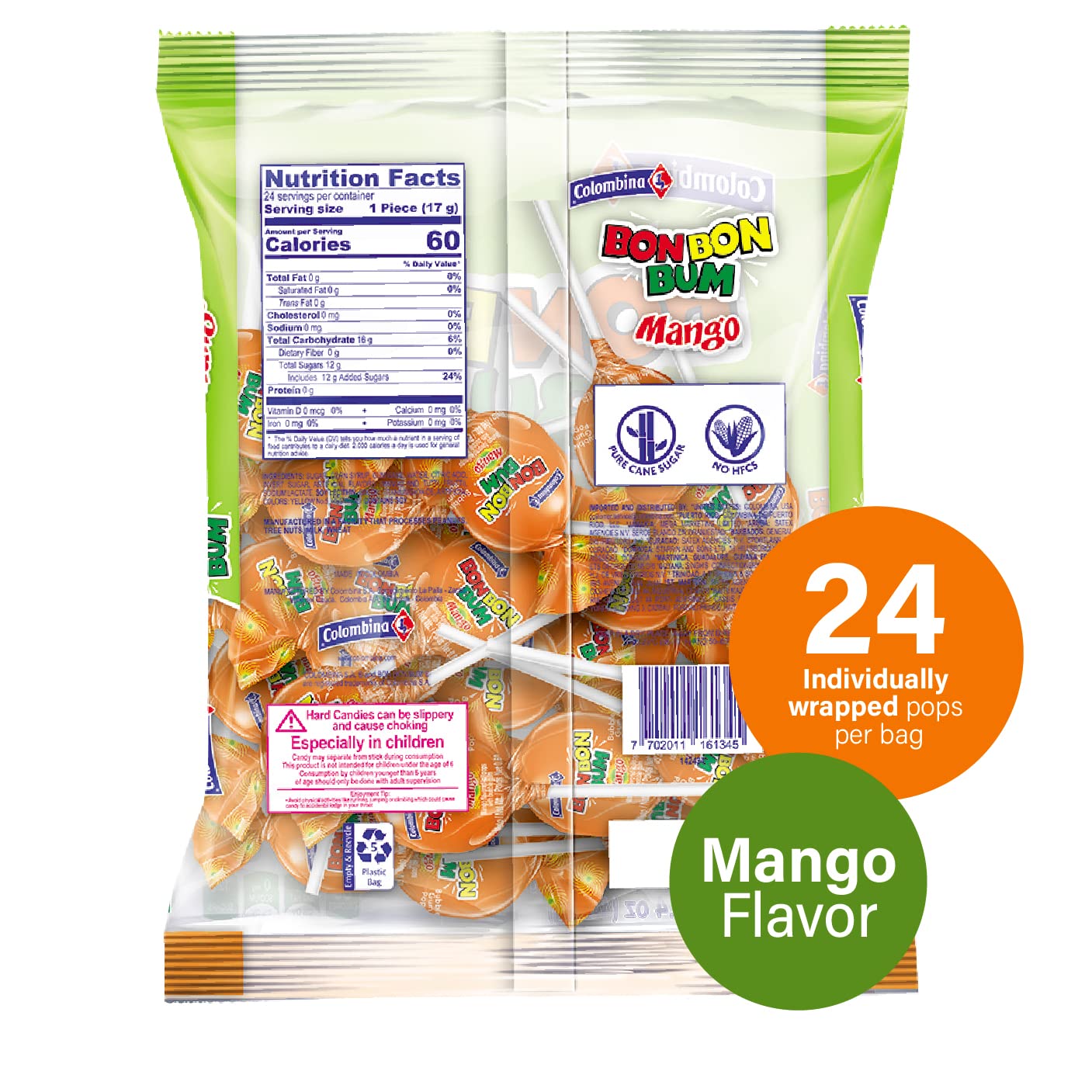 Colombina Bon Bon Bum Lollipops W/Bubble Gum Center, Mango Flavor, Individually Wrapped, Ideal For Party Favors And Gifts, 1 Pack (24 Count)