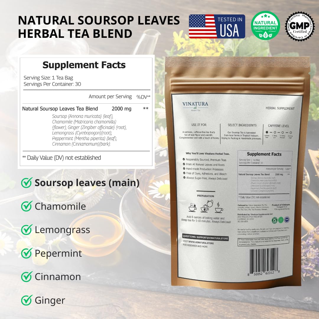 VINATURA Soursop Tea Leaves Bags - Herbal Tea with Peppermint, Chamomile & Cinnamon - 30 Natural, Dye-Free Bags