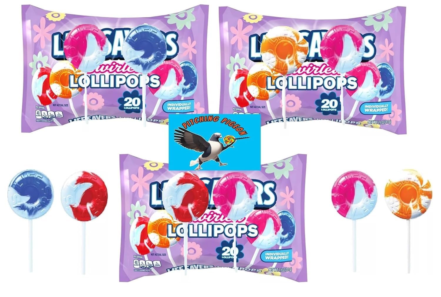 PITCHING PIGEON Life Saver Swirl Lollipops - 60 Count Bulk Candy, 4 Flavors, Wrapped Suckers