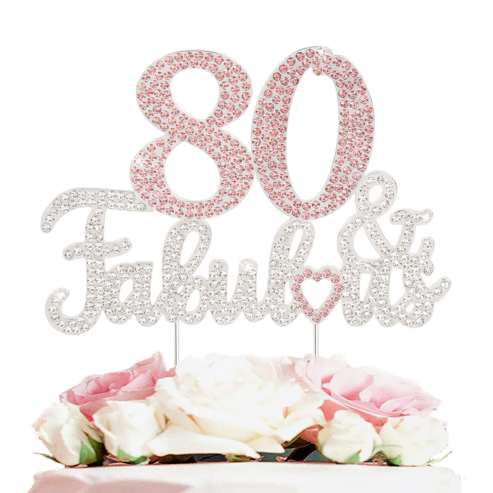 Laskyer 80 & Fabulous Silver Pink Rhinestone Cake Topper - Happy 80Th Birthday Cheers To Eighty Years Old Bday Party Metal Spark