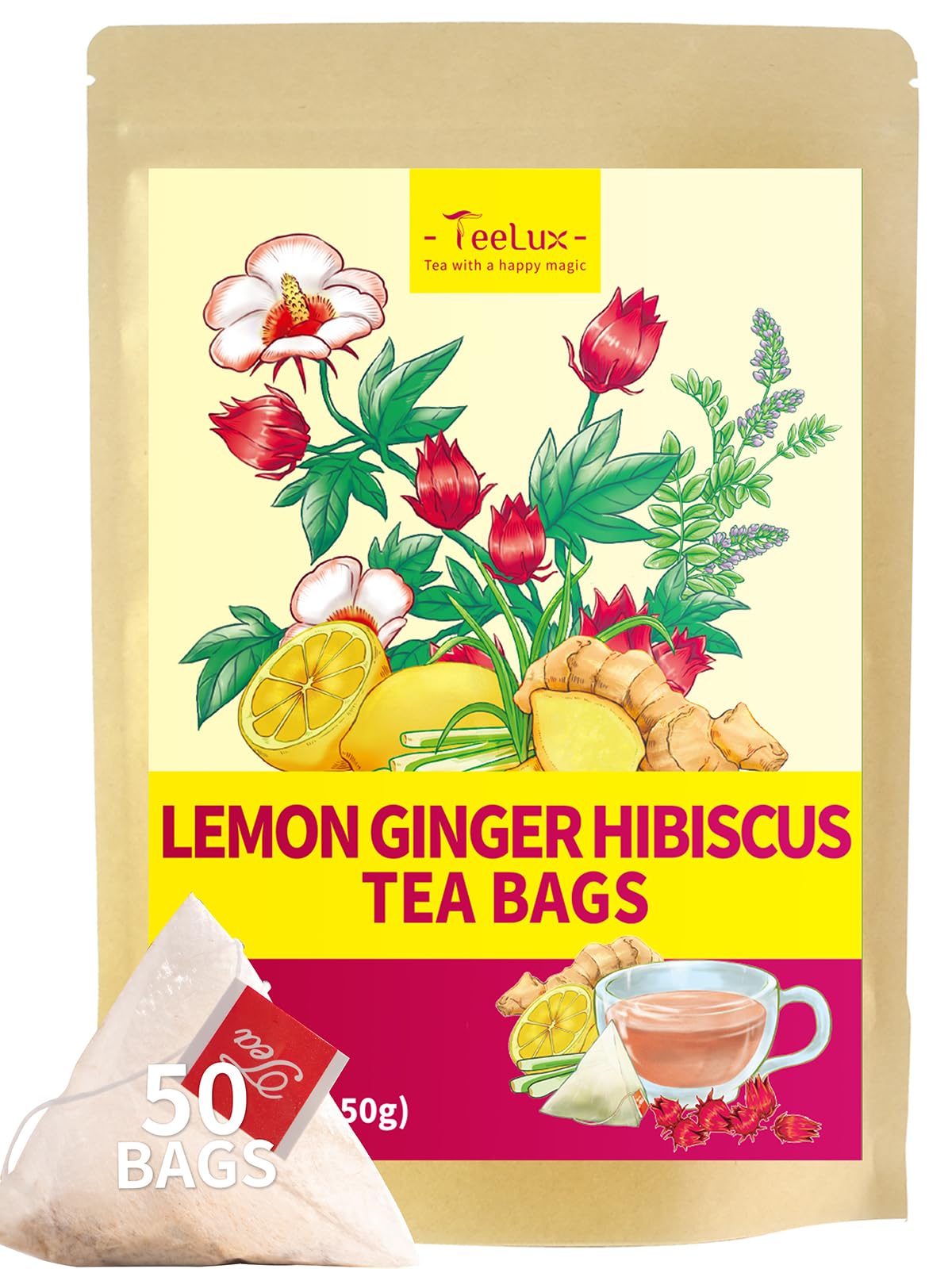 TeeLux Lemon Ginger Hibiscus Tea - Caffeine Free, Refreshing Lemongrass, 50 Count