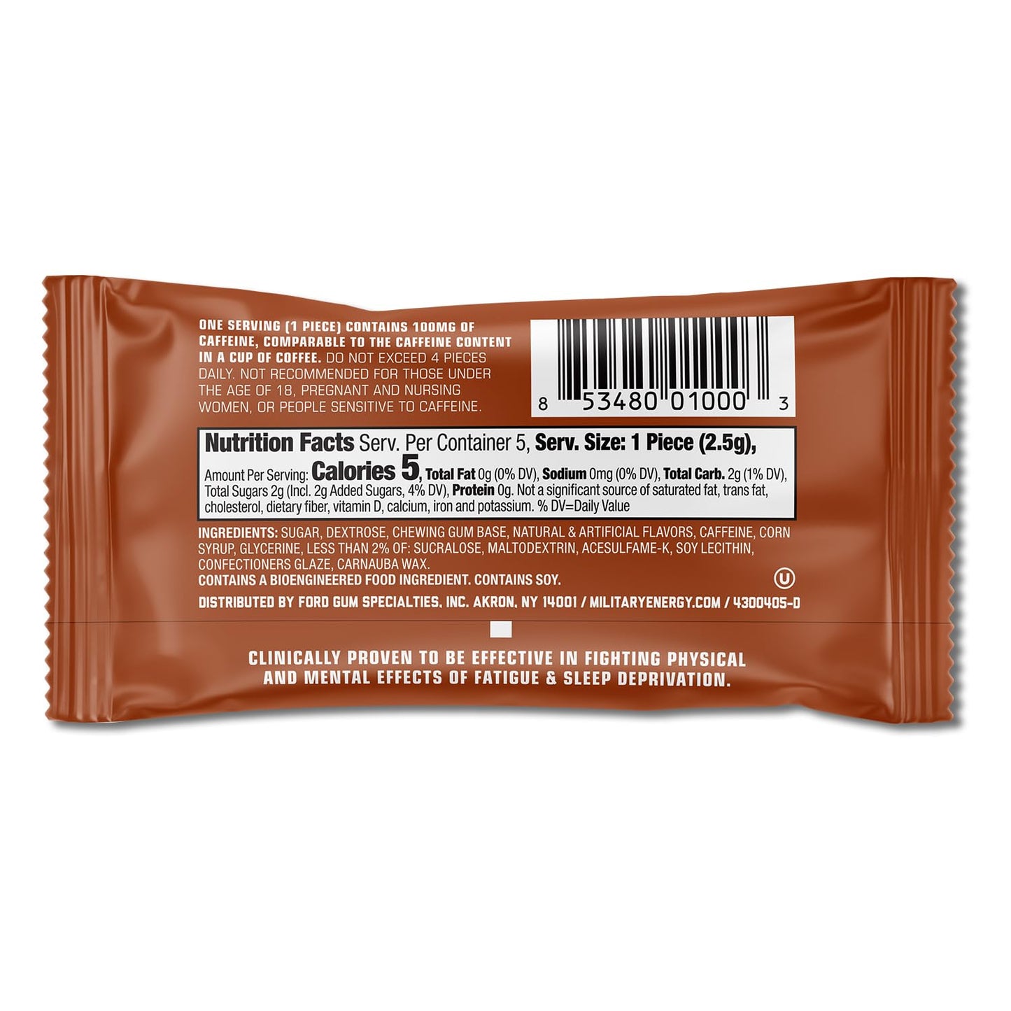 MEG Military Energy Gum - Cinnamon Flavor, 100mg Caffeine per Piece, Pack of 18, Brown