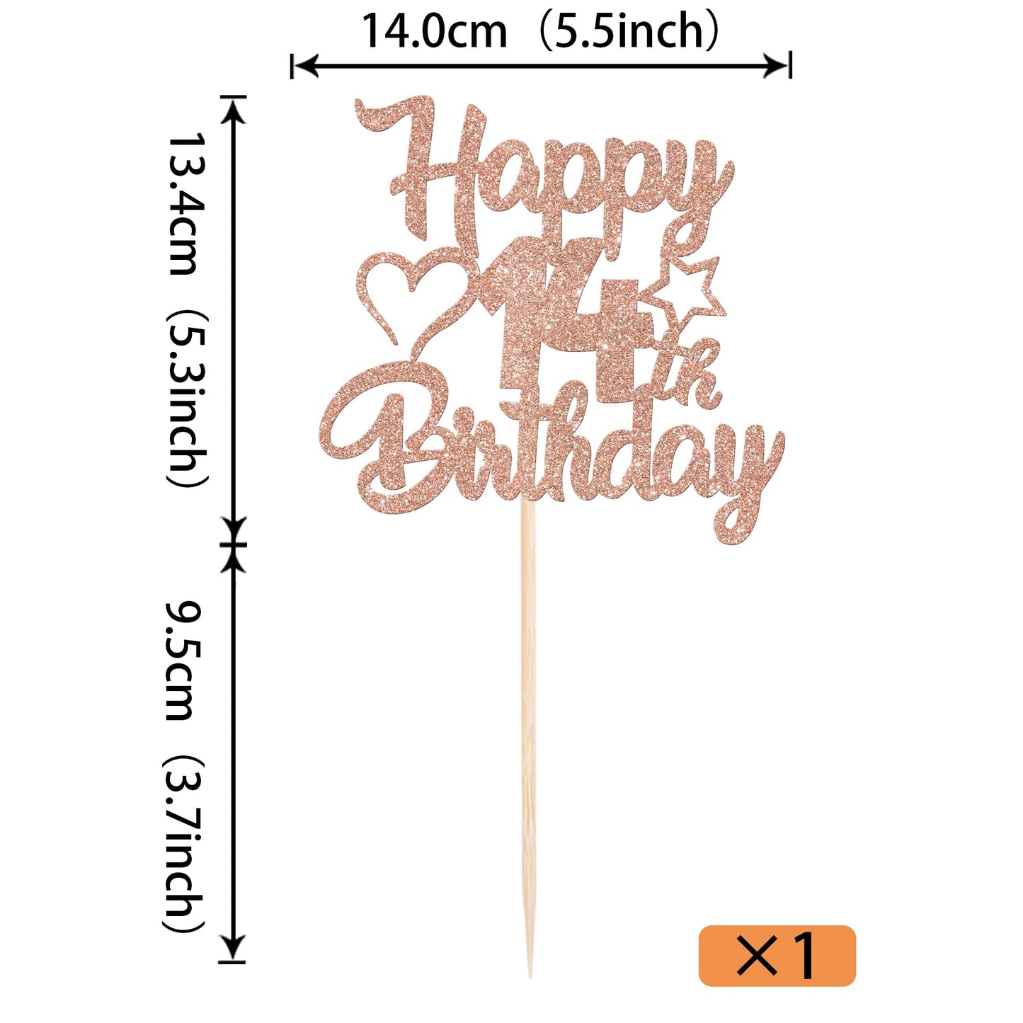 YCTHUNFISH 14th Birthday Cake Topper - Glitter Heart Star, Rose Gold, Paper, Party Supplies