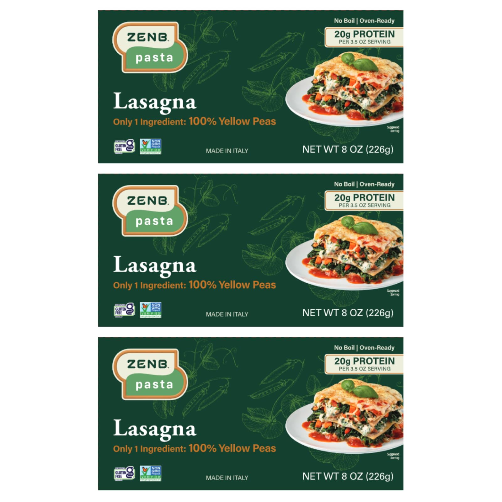 ZENB Plant-Based Lasagna - Pasta Made From 100% Yellow Peas, Gluten Free, Non-GMO & Vegan, Less Carbs than Traditional Pastas, 2