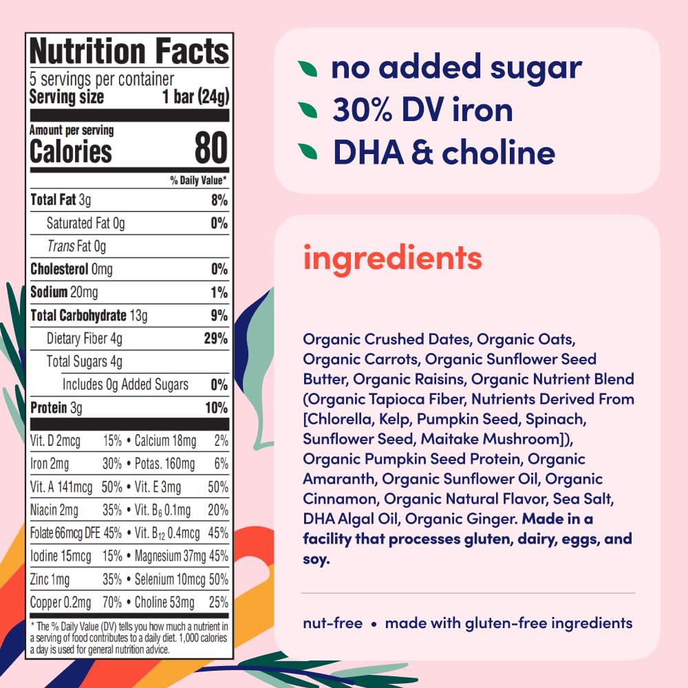 Cerebelly Toddler Snack Bars - Organic Carrot Date Smart Bars (Pack Of 5), Healthy & Organic Whole Grain Bars With Veggies & Fru