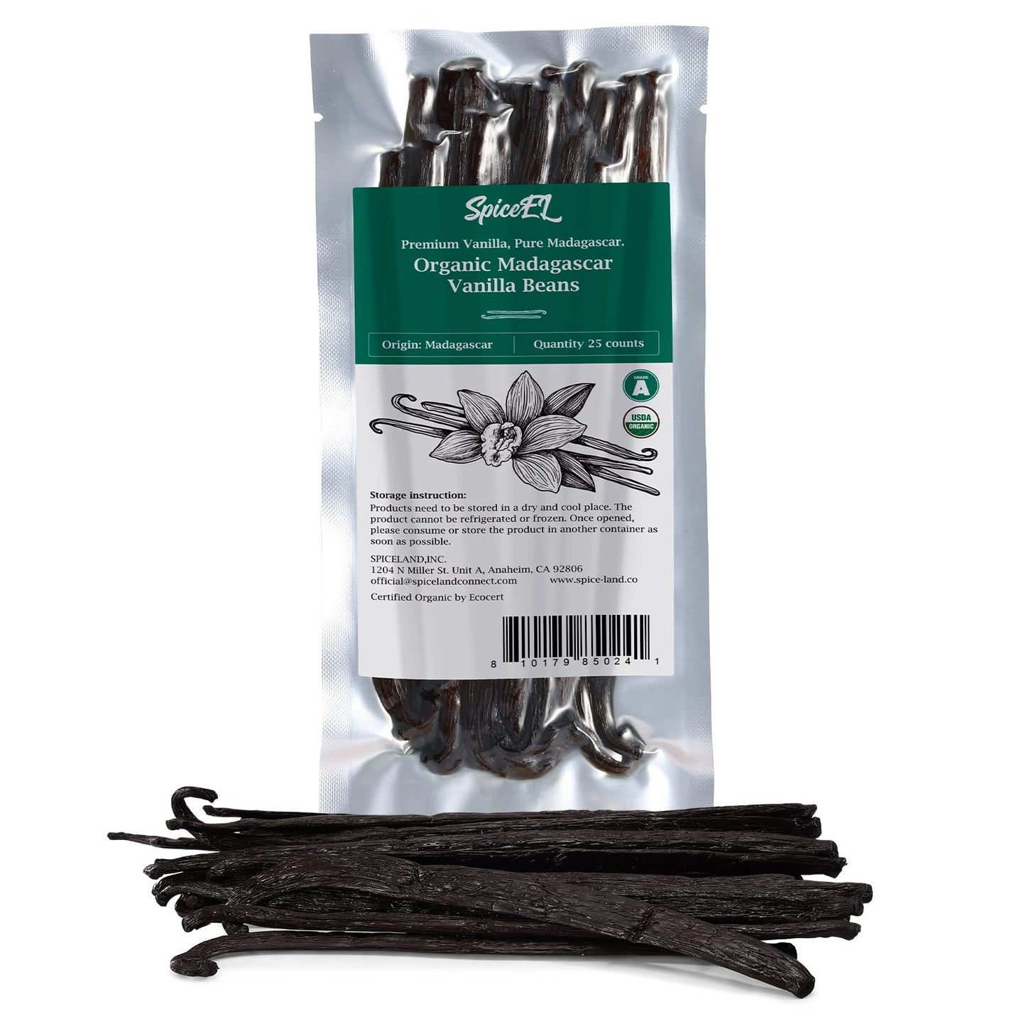 SPICEEL Organic Madagascar Vanilla Beans Grade A Vanilla Pods for Making Extract, Whole Vanilla Beans for Baking, Gluten Free, N
