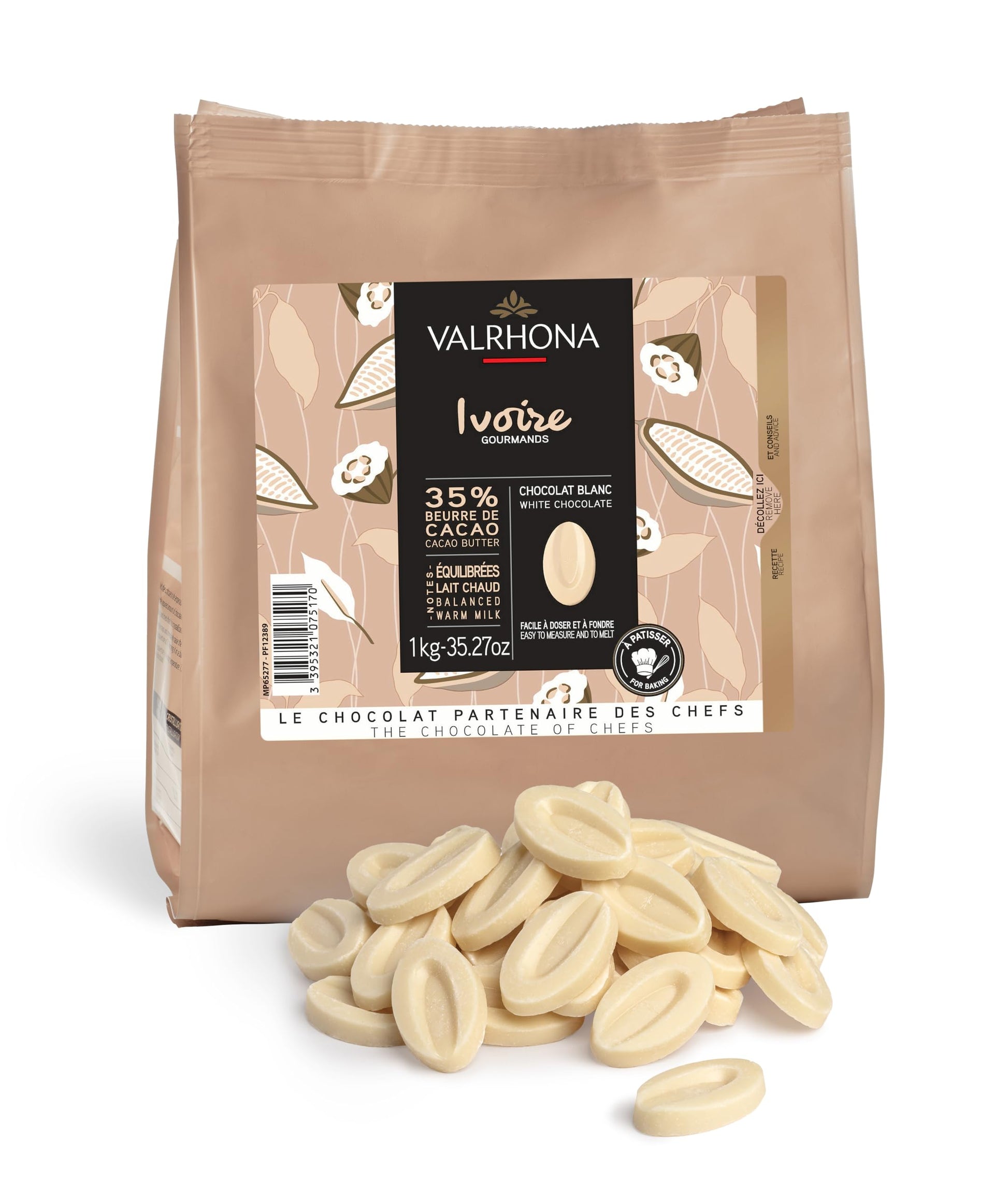VALRHONA Creamy White Chocolate Discs 35% Cacao for Baking, 1kg Pack