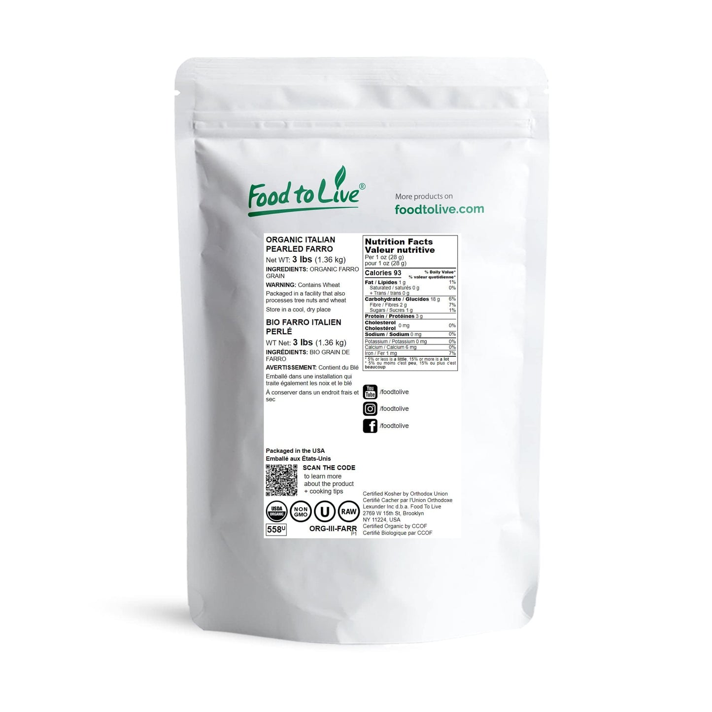 Food to Live Organic Italian Pearled Farro, 3 Pounds - Non-GMO, Kosher, Vegan, Whole Farro Grain in Bulk, Good Source of Fiber a