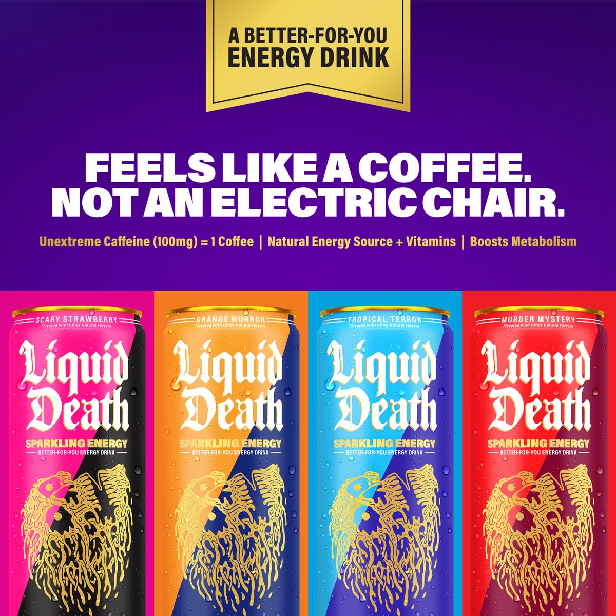 Liquid Death Sparkling Energy - Tropical Terror (Pia Colada Flavor)  Sugar-Free Energy Drink  Unextreme Caffeine 100mg  Essential Vitamins  12 Fl Oz (Pack of 12)