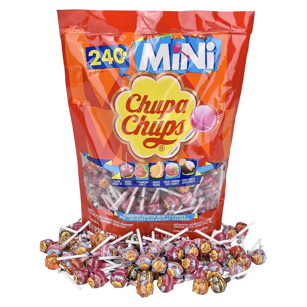 Chupa Chups Mini Lollipop Assortment, 5 Flavors, Individually Wrapped Candy For Kids, 50.8 Oz Bag (240 Suckers)