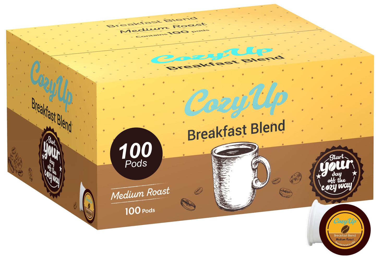 Cozy Up Medium Roast Coffee Pods, 100 Count, Compatible with Keurig K-Cup Brewers, Black, Model UE-001-1
