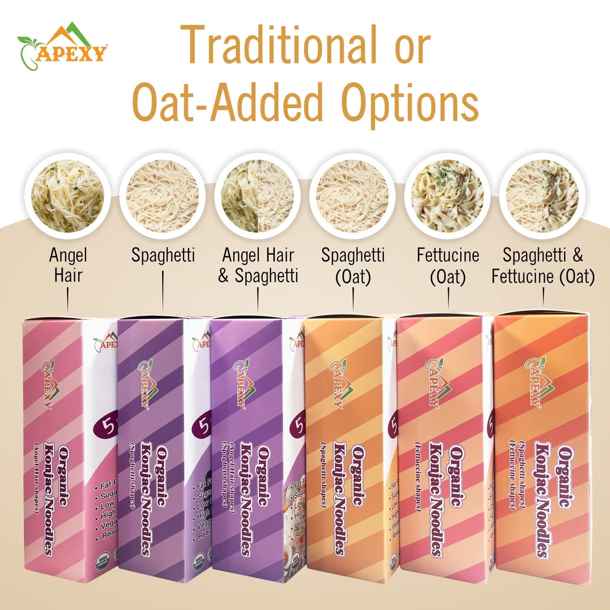 Apexy Organic Shirataki Konjac Noodle 8 Pouches Total 42.24Oz. Low Calorie, Low-Carb Gluten Free, Vegan, Keto And Paleo-Friendly. (Angel Hair & Spaghetti Shapes Combo)
