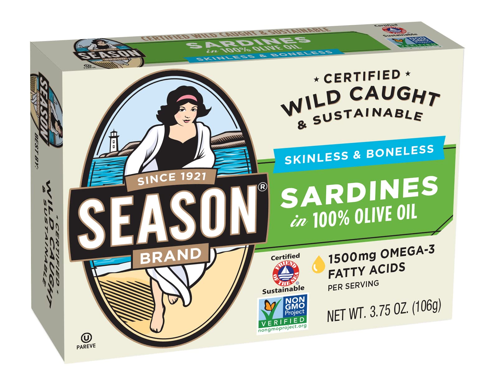 Season Sardines In Olive Oil - Skinless & Boneless, Wild Caught, 20G Of Protein, Keto Snacks, More Omega 3'S Than Tuna, Kosher, High In Calcium, Canned Sardines - 3.75 Oz Tins, 12-Pack