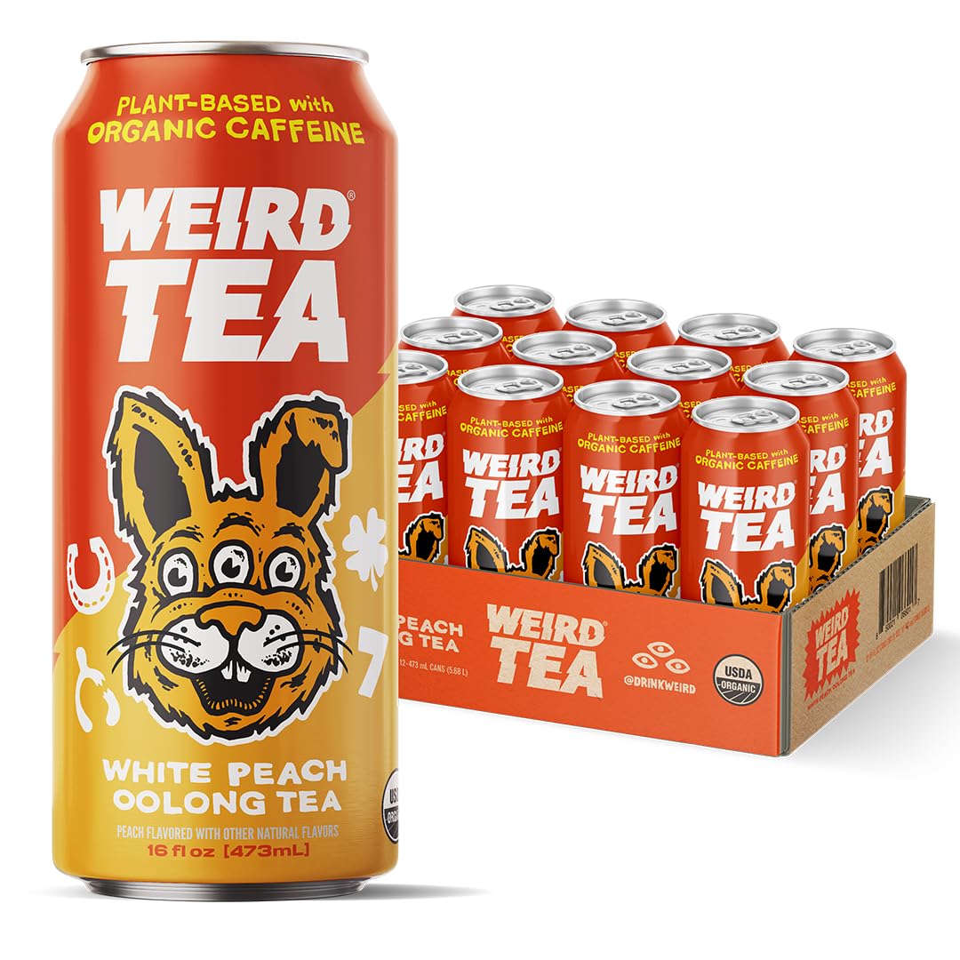 WEIRD Organic White Peach Oolong Tea, 16oz Cans, 160mg Organic Caffeine, Pack of 12